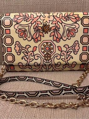 Tory Burch Cream Crossbody Wallet with Pink Floral Motif